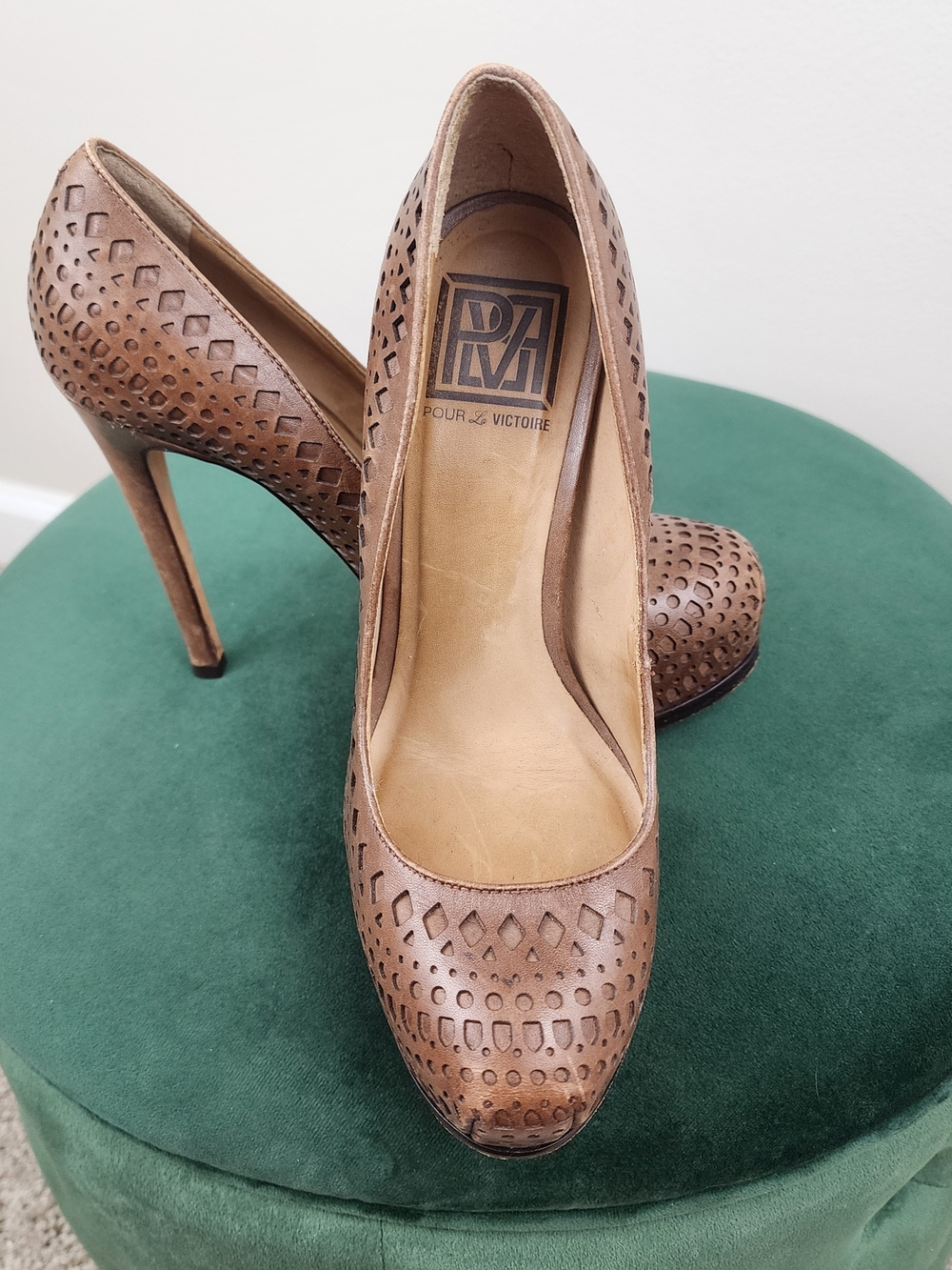 Pour La Victoire Brown Laser Cut Leather High Heel Pumps